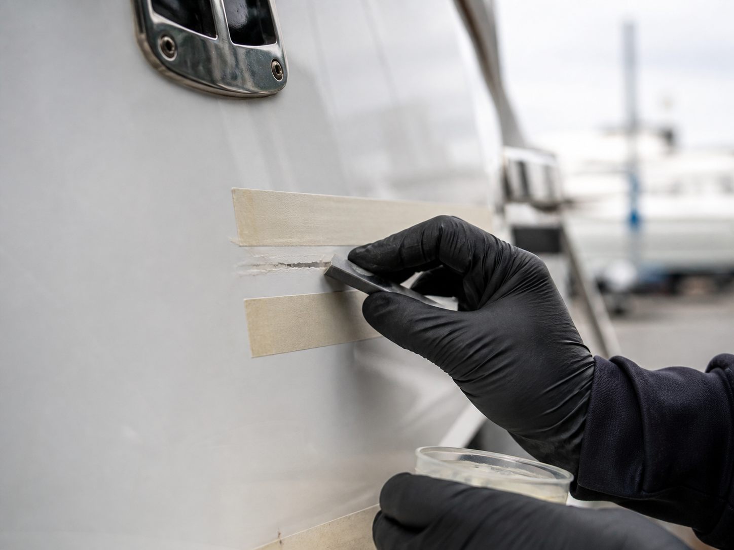 Close-up of a controlled repair area on a white boat hull