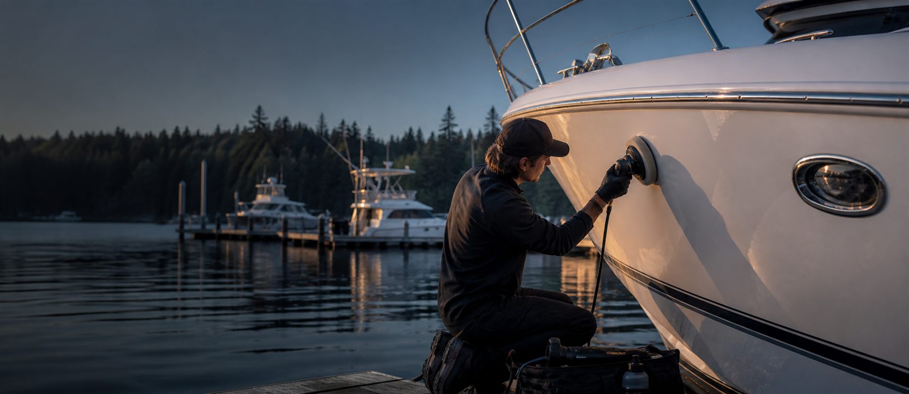 Marine technician polishing a white boat hull at a marina